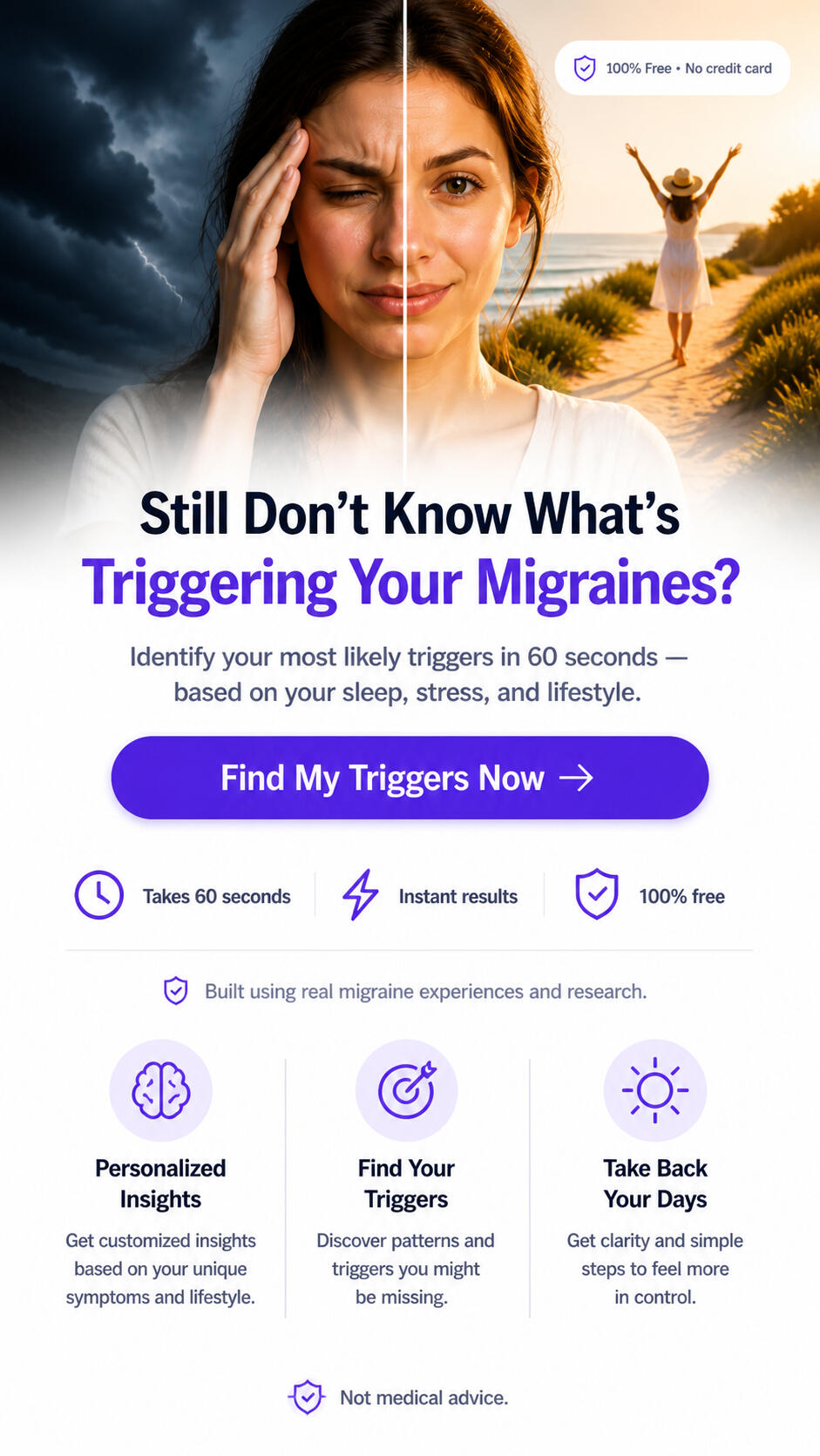 Discover what’s triggering your migraines based on your sleep, stress, and lifestyle. Get instant results in 60 seconds — plus a free migraine tracker to spot patterns faster.